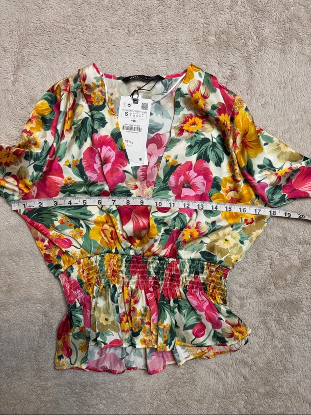 NWT Zara Pink, Yellow & Cream Floral Smocked Waist V-Neck Blouse sz S - Picture 3 of 5